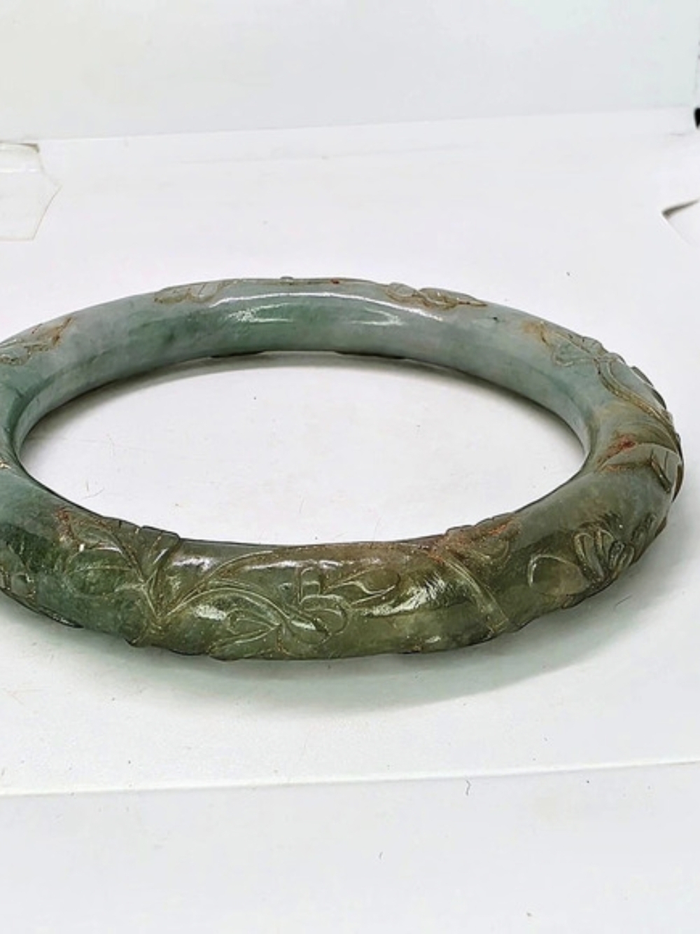 Vintage Green Burmese Jadite Jade Carved Floral Bangle Bracelet 8.25"
